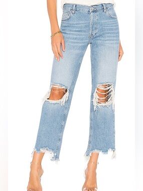 Free People Maggie Distressed Straight Leg Jeans Light Wash Raw Hem | Size 27